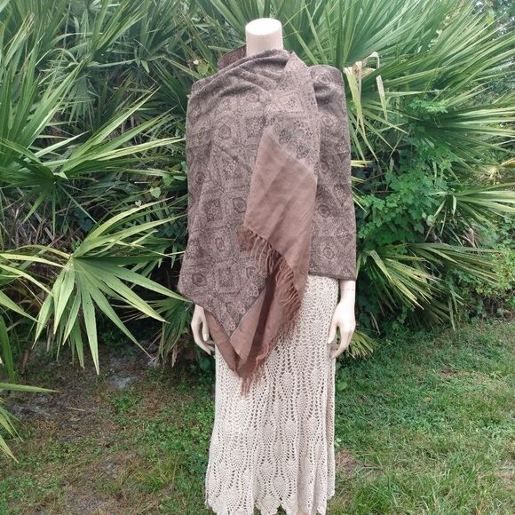 NWOT HALSTON RED 100%Wool XL Earth Tones Paisley Boho Scarf/Wrap - Picture 10 of 12